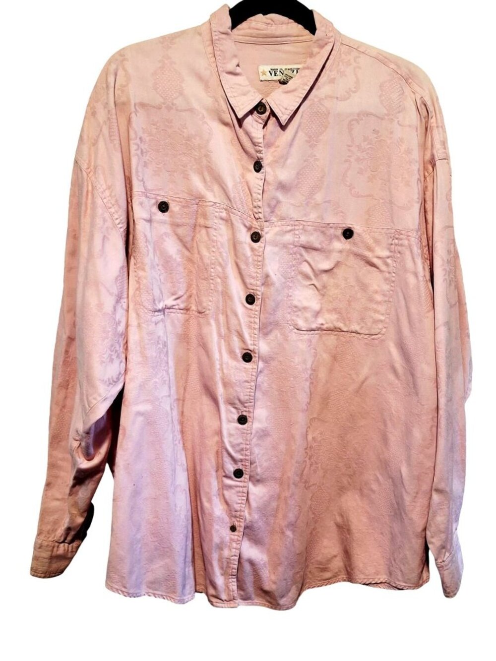 Venezia Pink Button-Up Shirt With Floral Jacquard Pattern Long Sleeves Size 22/2